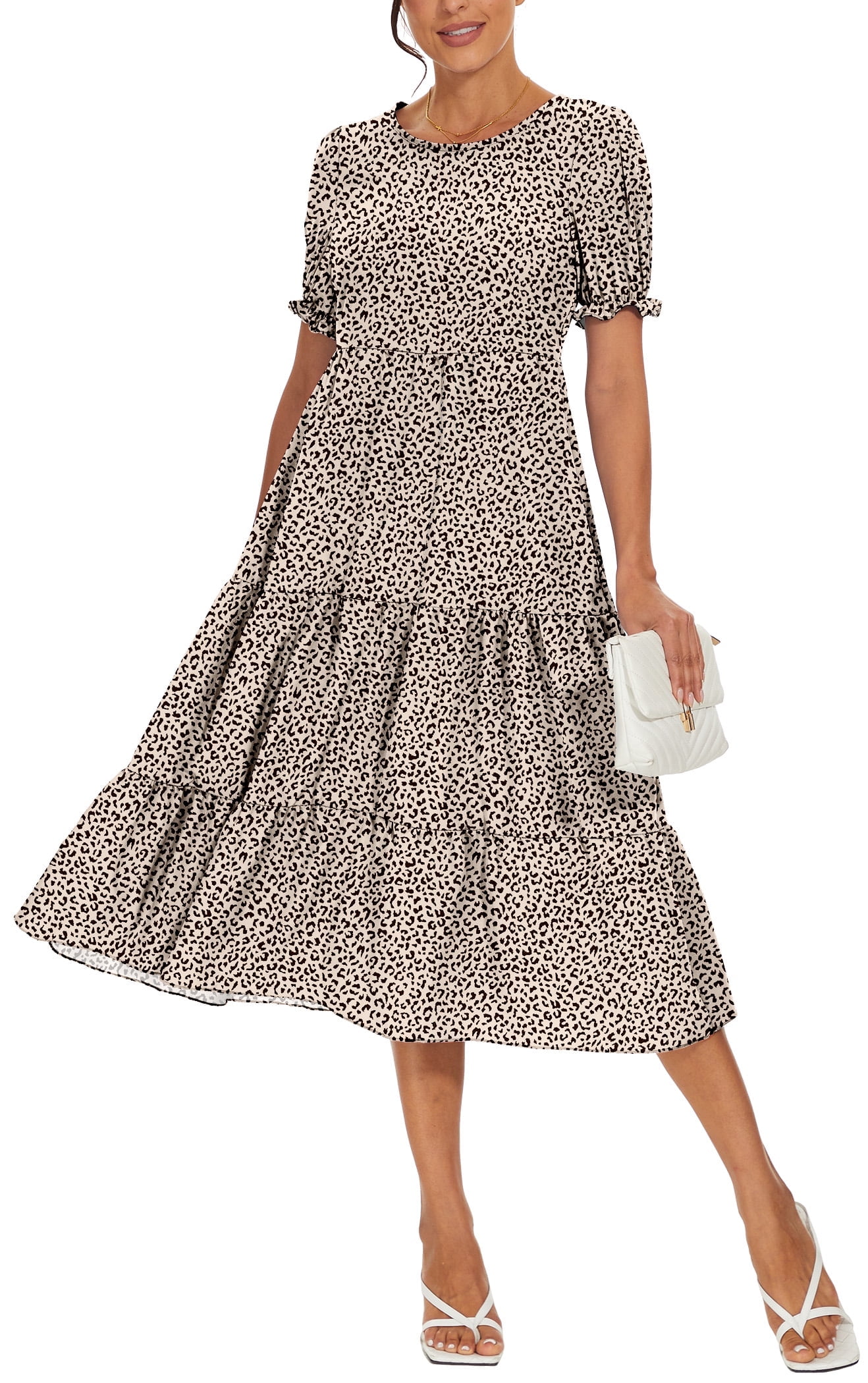 Aiyino Women's Summer Casual Boho Dress Floral Print Ruffle Puff Sleeve High Waist Midi Beach Dresses, M Panther Apricot